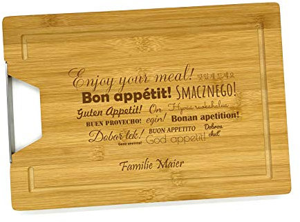 Saphir Design Holzbrett mit Gravur Guten Appetit Schneidebrett personalisiert Name Holz 33x23x1,8 cm | Küchenbrett Name personalisiert Geschenk Kochen | Bambus Brett graviert (KSB-04)