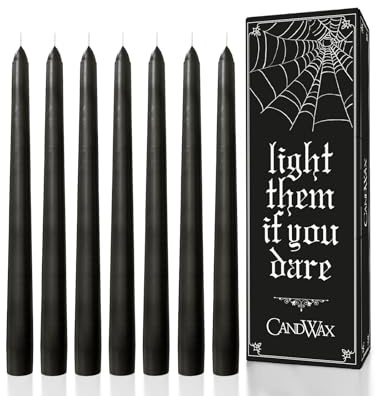 CANDWAX 12 inch Taper Candles Set of 12 - Dripless and Smokeless - Slow Burning Black Tapered Candle Sticks Ideal for Halloween - Black Candles