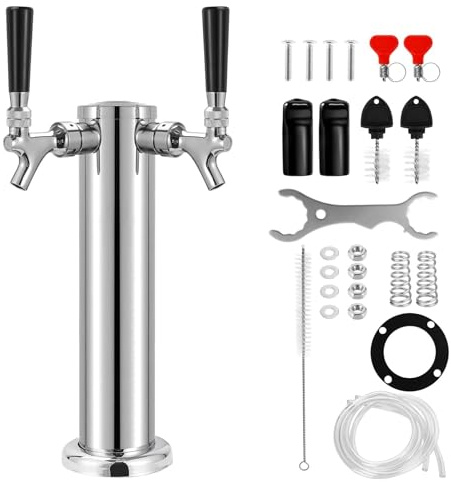 Dbgogo Kegerator Tower Double Tap Beer Tower Dual Faucet Beer Tower Stainless Steel 3'' Flange Beer Tower Dispenser Beer Tap Kegerator Parts with Pre-Assembled Tubing and Self-Closing Springs