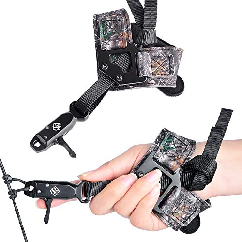 AMEYXGS Bogenschießen Bogen Release Compoundbogen Auslösehilfe Trigger Release Aids für die Jagd mit Verstellbarer Handschlaufe Caplier (Camouflage)