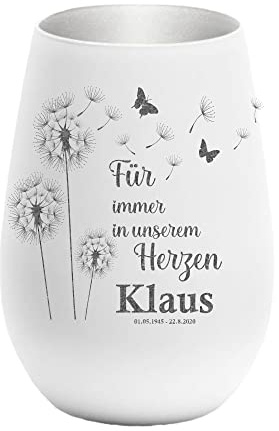 Trauerlicht - Für Immer in unserem Herzen Gravur mit Namen und Datum - Gedenklicht Erinnerungslicht Grablicht Trauergeschenk Sternenkind (weiß/Silber)