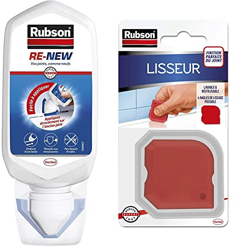 Rubson RE-NEW Blanc (1 x 80ml), mastic sanitaire blanc à base de silicone, s'applique sur le joint déjà existant, mastic étanche & anti-moisissures & Lisseur Accessoire Mastic, Rouge