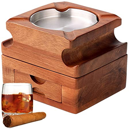 Cenicero de Madera para Puros, Bandeja de Cristal de Whisky Con Soporte para Puros, Juego De Regalo de Bandeja de Cenicero Desmontable para Whisky, Cenicero para Taza de Whisky para El Hogar Oficina
