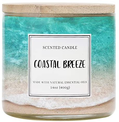 Coastal Breeze Scented Candle, 14 oz Summer Ocean Beach Candle Gift for Women and Men, Natural Soy Wax, 3 Wicks, Up to 40 Hours Burning Time