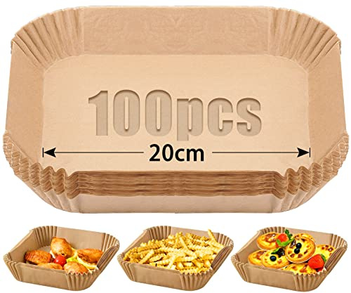 Mbsomnus 100 Stück Airfryer Backpapier 20cm Backpapier für Heißluftfritteuse Quadrat Air Fryer Paper Wasserdicht Ölfest Antihaft für Bratpfanne Mikrowelle Ofen