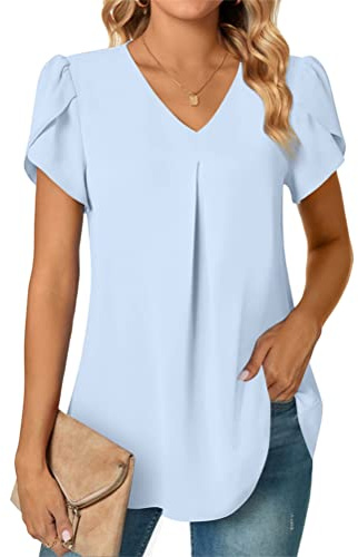 Tomwell Blouse Femme Été Chemisier en Mousseline de Soie a Chemisier Manches Courtes Col V Tunique Fluide T-Shirt Couleur Unie Blouse Casual Travail Femme Chic A Bleu Clair XXL