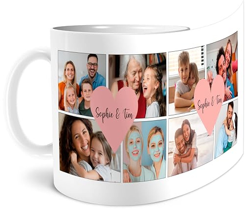 OWLBOOK® Personalisierte Tasse mit 8 Fotos & Spruch selbst gestalten | Fototasse mit eigenem Bild & Text | Geschenke zum Geburtstag Weihnachten | Fotogeschenke Weihnachtsgeschenke | 300ml Herz