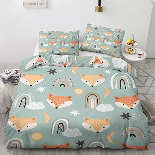 Winter Bettwäsche 135x200 Kinder Mädchen - Fuchs Regenbogen Bettbezug 135x200 2er set, Weich Warme & Bügelfrei Mikrofaser Bettwäsche-Sets, Wendebettwäsche mit Reißverschlus und 1 Kissenbezug 80x80