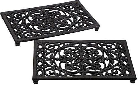 SUMTree 2 Pcs Heavy Duty Retangle Cast Iron Trivets, Decorative Trivet Mat Hot Pot Holder Pads for Kitchen or Dining Room Worktops, 24.5 * 16.5 * 1.6cm (Black)