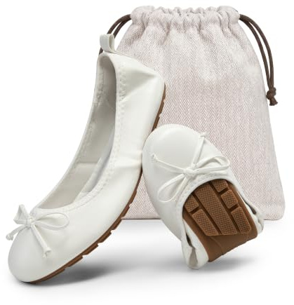 DREAM PAIRS Women's Foldable Bowknot Ballet Flats,White,8