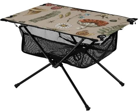 ZRWLUCKY Vintage Woodland Pilz Gänseblümchen Schmetterling Faltbarer Tabletttisch Verstellbar Tragbar Strandtisch mit Tragetasche für BBQ Camping Küche