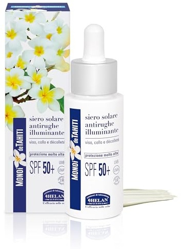 Helan Monoï de Tahiti - Sérum Visage Hydratant Anti-Rides aux Vitamines C et E, Soin avec Protection Solaire 50+ Collagène Protecteur Visage contre la Lumière Bleue, Sérum Visage 2en1 30 ml
