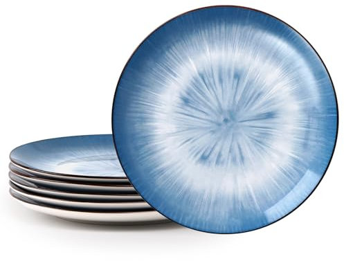 NUTRIUPS 26.5cm Assiettes Plates Lot de 6, 10.5'' Assiettes Plates en Porcelaine, Assiette Plates en Céramique, Convient à Micro-ondes et Lave-vaisselle (Bleu)