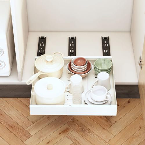 Ueiwffzo Teleskopschublade Ohne Bohren,ausziehbare schublade küche zum kleben,Expandable Pull Out Cabinet Organizer,Korbauszug Küchenschrank Organizer,schublade ausziehbar (Weiß)