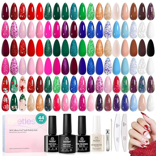 Beetles Glitter Gel Nagellack Set 44Pcs, 36 Farben Gel Nagellack Rot Gold Grün Silber Burgund Blau Rosa Sparkle Nail Polish Kits mit Base Top Coat Nail Art Geschenk für Frauen