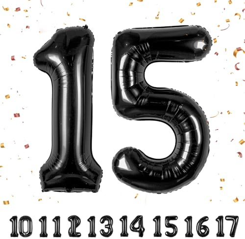 15 Geburtstag Deko zahlen luftballon 15 jahre | Folienballon Schwarz - für 15. Geburtstagsdeko Männer Frauen Ballon Zahl Deko zum Geburtstag fliegt mit Helium 15.Geburtstagsparty 40-101cm