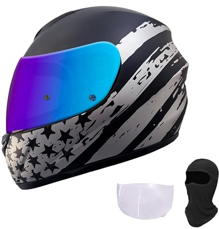 KRN Full Face Motorcycle Motorbike Helmet with Color Visor DOT Approved- Helmet & Balaclava & Clear Visor Star (L)