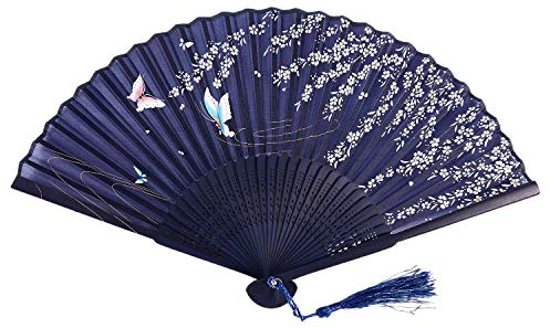 Rafstya Folding bamboo lace hand fan, dark blue butterfly and white flower