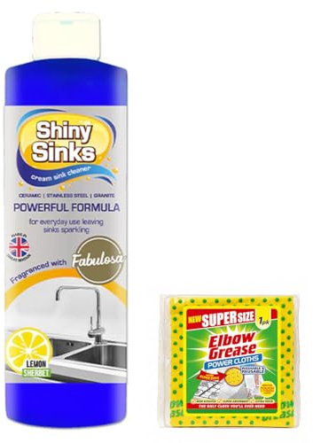Shine Sinks Lemon Sherbet (250 ml), a Superb Cream Cleaner for use on Ceramics, Sinks and Basins with1 Pack Elbow Grease Power Cloth