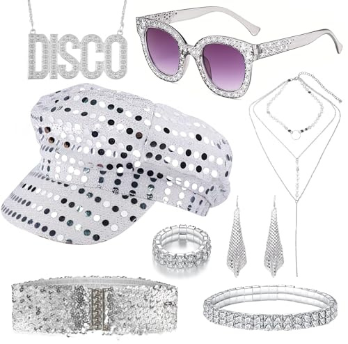 Carreuty 8 Stück 70s Disco Accessoires, 70er jahre Kostümzubehör mit Pailletten Hut Sonnenbrille Ohrringe Armband Gürtel 1970s retro Hippie Kostüm für Karneval Thema Party Silvester Outfit