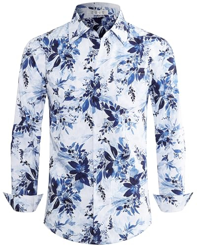 BOJIN Men's Dress Wrinkle-Free Floral Hawaiian Long Sleeve Flower Printed Casual Button Down Shirts with Pocket Flowers Ink Blue White M