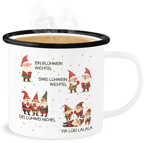 Emaille Becher Blechbecher - Weihnachtstasse Tasse - Ein Glühwein Swei Glühwein | Wichtel | Weihnachten | Weihnachtsmarkt | Weihnachtsmotiv I Weihnachtsmarkt I Adventszeit - 300 ml - Weiß Schwarz
