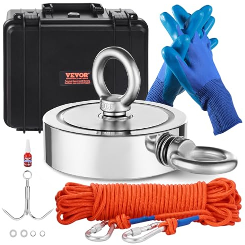 VEVOR Kit de Pesca con Imán de Doble Cara, Fuerza de Tracción de 635 kg, Kit de Pesca con Imán con Gancho de Agarre, Cuerda de φ6 x 20000 mm, Guantes, Perno de Ojo, Estuche de Transporte, Naranja