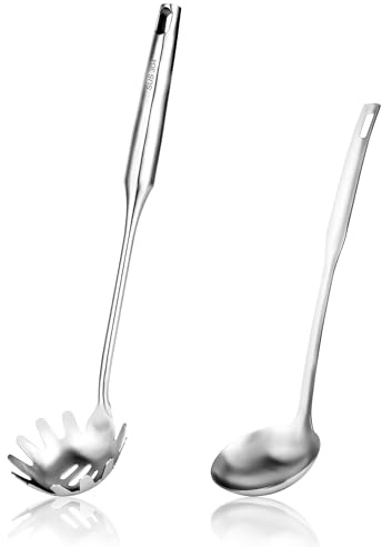 18/8 Stainless Steel Spaghetti Server Set, 13 Spaghetti Spoon and 10 Gravy Ladle, Pasta Server Fork with teeth, Spaghetti Server for Cooking, Dishwasher Safe