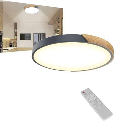 UISEBRT Deckenlampe LED Deckenleuchte Holz,Rund Leuchte Decke,2800K-6500K 96W Dimmbar Flachlampe für Wohnzimmer,Schlafzimmer,Badezimmer,Küche,Flur,kinderzimmer,Büro,Grau