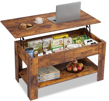 WLIVE 98cm Lift Up Coffee Table with Storage & Hidden Compartment - MDF Top, Solid Wood Legs, Quiet Lift Mechanism, Quick Assembly for Living Room, Rustic Oak