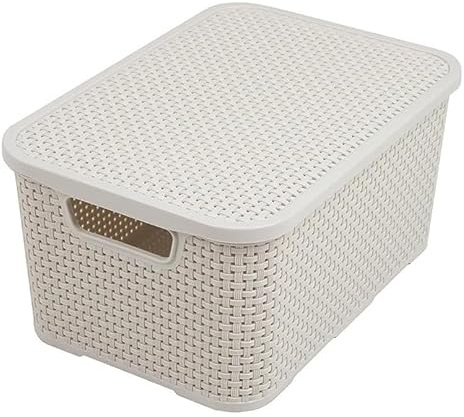 Rattan Effect Storage Handy Basket Box Plastic With Lid Kitchen Bathroom Stackable Organize Decorative (White, 7L (285 x195 x129mm))
