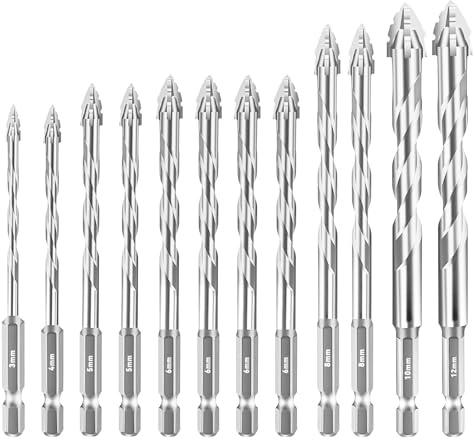Aartner 12 Pièces Foret Carrelage, Forets En acier au Tungstène, foret excentrique à quatre cannelures en dents de scie, pour Verre, Métal, Bois (argent, 3+4+2x 5+4 x 6+ 2 x 8 +10+12 (mm))