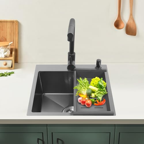 Fregadero negro 40 × 35,5 cm, acero inoxidable, fregadero de cocina con grifo extensible y escurridor, 1 cuenco, fregadero empotrado, fregadero de cocina, pequeño