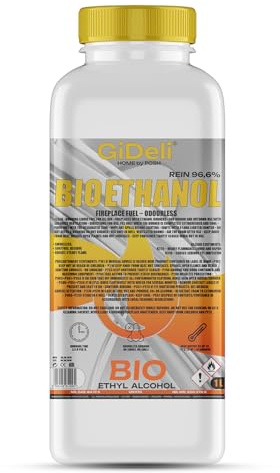 GiDeli Bioethanol 96,6% Geruchlos 1 Liter Ethanol für Tischkamin, Kamin Indoor & Outdoor - Rauchfrei und Rußfrei, Farblos - Aus Mais & Zuckerrüben