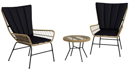 Outsunny 3-teilige Rattan-Sitzgruppe Beistelltisch Balkon Natur+Schwarz | 2 Stühle, Gartengarnitur mit Hartglasplatte, Gartenmöbel-Set mit Kissen, für Terrasse