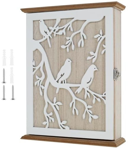 PEIZHIYC 20x6x26.5cm Schlüsselkasten Holz Schlüsselbox Wand mit 6 Haken Vogelmuster Weiß Modern Schlüsselschrank für Eingang, Flur, Büro
