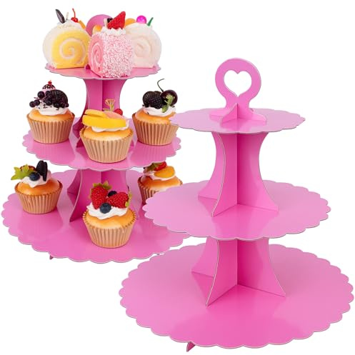 3-Tier Cupcake Stand 2 Pack Dessert Cup Cake Stand Tower Paper Round Cake Display Serving Plate for Anniversary Christening Disposable Pastry Holder for Birthday Wedding Party Decoration (Rose)