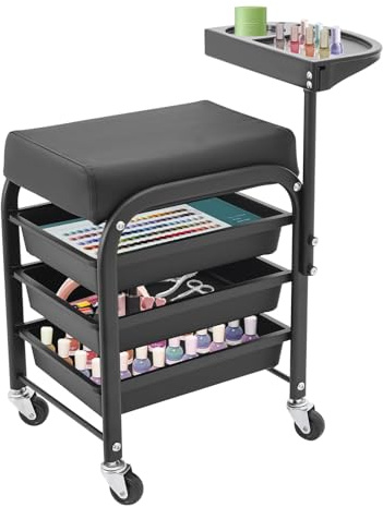 Carrello per manicure a 3 cassetti con vassoio girevole e ruote – Carrello cosmetico portatile per salone e uso domestico – Sedia pedicure con sedile, carrello per attrezzi nero – Include accessori di