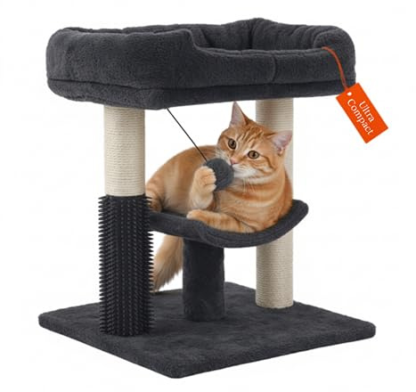 Kleiner Kratzbaum kompakt 49 cm – Katzenkratzbaum klein für Jede Wohnung | Katzenkratzbaum mit Sisal-Kratzsäulen, Kuschelbett & Spielball – Stabiler Katzenbaum von BOUCHABEL