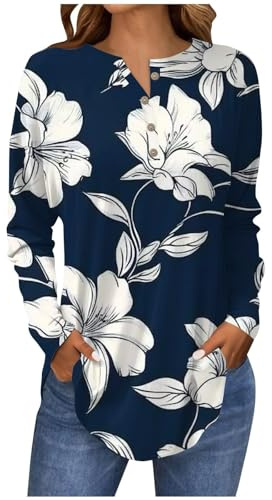 Generico Maglietta Bianca Cotone Donna Camicetta Donna Manica Lunga Maglietta Leggeri Curvy Girocollo Cotone Camicia Taglie Forti Fantasia Blusa Essentials Invernale T Camicie Raso