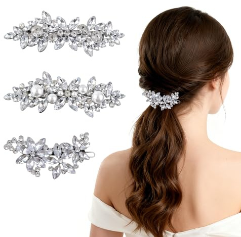Gotetiso 3 Pièces Clips de Cheveux de Mariée Barrette Vintage en Strass Argent Mariage Cristal Cheveux Pince a Cheveux Fleur Feuille Headpieces Accessoires de Cheveux de Mariage