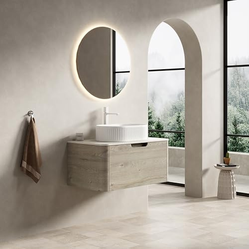REXO Lavabo da bagno sospeso con lavabo ovale bianco, pannello sinterizzato travertino, bordi curvi in compensato con cassetto, preassemblato, venature del legno color crema