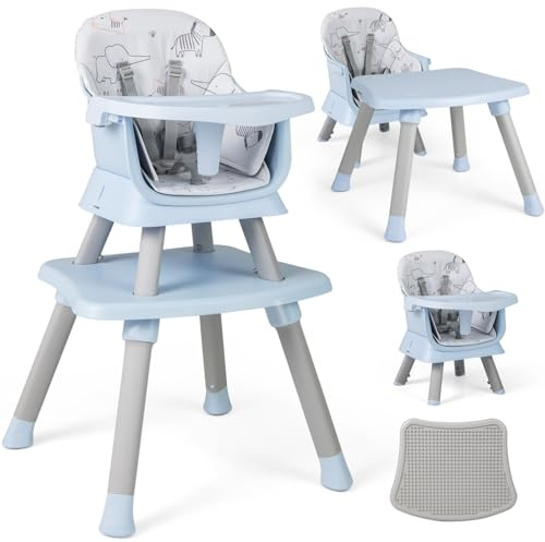 GYMAX 6 in 1 High Chairs, Convertible Baby Dining Highchair with Adjustable and Removable Tray & 5-Point Seat Harness, Multifunctional Infant Feeding Chair for Toddler (Blue, 58 x 58 x 98 cm)
