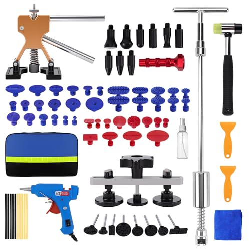 SYNJAUPO Kit de Extractor de Abolladuras de Coche 78 Piezas | Herramientas Reparación Abolladuras sin Pintura con Extractor Puente Martillo T-Bar, Sacabollos Coche para Carrocería Granizo
