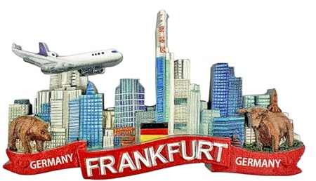 Souvenir Kühlschrankmagnet – Frankfurt Skyline mit Flugzeug, Bankenviertel und Bulle & Bär – 3D Optik – Reiseandenken