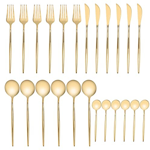 Set di posate dorate, eleganti e antiruggine in acciaio inossidabile, ideali per feste in casa, matrimoni e banchetti. 24 pezzi.