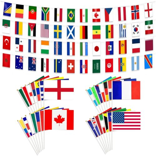 DONGTATA World Cup Bunting 2026 48 Countries Flags & 14 x 21cm Hand Held Flags Set with with 30cm Pole 15m International Flag Banner for Football Party Sports Events Classroom Street Decor