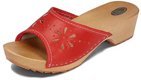 BeComfy Damtofflor, träskor, läder, trä, sandaletter med klack, sommarsandaler, färgglada färger, 35–41 EU, röd, 39 EU