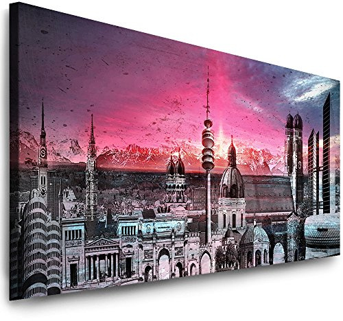 Julia-Art Leinwandbilder - 120 mal 50 cm Bild München Skyline, Stadt Wandbilder sind fertig gerahmt - verschiedene Motive - Kunstdrucke XXL Panorama Mn-01-3
