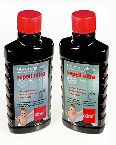 iXtral repell ultra Glas-Versiegelung Set gegen Kalk Schmutz in Dusche und an Fliesen mit Tiefen-Reiniger und Politur auch für Badewanne